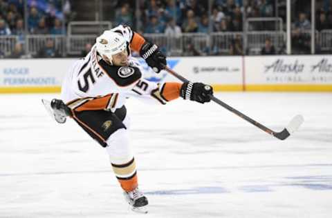 SAN JOSE, CA – April 18: Ryan Getzlaf #15 of the Anaheim Ducks shoots on goal against the San Jose Sharks during the third period in Game Four of the Western Conference First Round during the 2018 NHL Stanley Cup Playoffs at SAP Center on April 18, 2018, in San Jose, California. (Photo by Thearon W. Henderson/Getty Images)