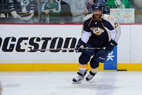 NASHVILLE, TN – MARCH 29: Joel Ward #29 of the Nashville Predators skates against the Vancouver Canucks on March 29, 2011 at the Bridgestone Arena in Nashville, Tennessee. (Photo by Frederick Breedon/Getty Images)