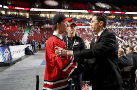 VANCOUVER, BRITISH COLUMBIA – JUNE 22: Patrik Puistola reacts after being selected 73rd overall by the Carolina Hurricanes during the 2019 NHL Draft at Rogers Arena on June 22, 2019 in Vancouver, Canada. (Photo by Bruce Bennett/Getty Images)