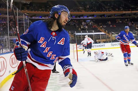 Mika Zibanejad #93 of the New York Rangers celebrates his powerplay goal (Photo by Bruce Bennett/Getty Images)