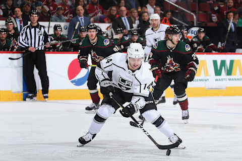 GLENDALE, ARIZONA – MARCH 09: Brendan Leipsic #14 of the Los Angeles Kings skates with the puck ahead of Mario Kempe #29 of the Arizona Coyotes during the third period of the NHL game at Gila River Arena on March 09, 2019 in Glendale, Arizona. The Coyotes defeated the Kings 4-2. (Photo by Christian Petersen/Getty Images)