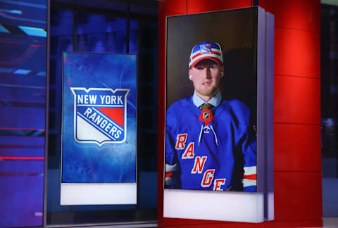 SECAUCUS, NEW JERSEY – OCTOBER 06: With the first pick of the 2020 NHL Draft, Alexis Lafreniere from Rimouski of the QMJHL is selected by the New York Rangers at the NHL Network Studio on October 06, 2020 in Secaucus, New Jersey. (Photo by Mike Stobe/Getty Images)