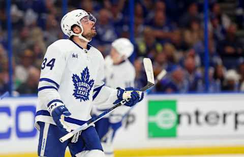 TAMPA, FLORIDA – APRIL 29: Auston Matthews #34 of the Toronto Maple Leafs   (Photo by Mike Ehrmann/Getty Images)