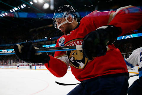 HELSINKI, FINLAND – NOVEMBER 1: Alex Petrovic #6 of the Florida Panthers skates for possession against the Winnipeg Jets in the 2018 NHL Global Series at the Hartwall Arena on November 1, 2018 in Helsinki, Finland. (Photo by Eliot J. Schechter/NHLI via Getty Images)