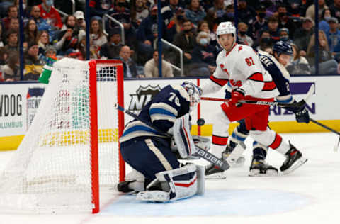 COLUMBUS, OH – OCTOBER 23: Joonas Korpisalo #70 of the Columbus Blue Jackets stops a shot from Jesperi Kotkaniemi #82 of the Carolina Hurricanes during the first period at Nationwide Arena on October 23, 2021, in Columbus, Ohio. (Photo by Kirk Irwin/Getty Images)