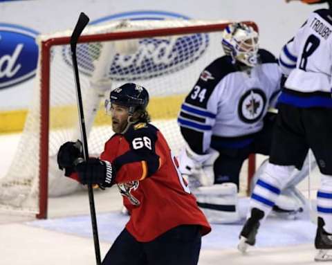 Feb 20, 2016; Sunrise, FL, USA; Florida Panthers right wing Jaromir Jagr (68) reacts after his goal against the Winnipeg Jets in the third period at BB&T Center. This is Jagr