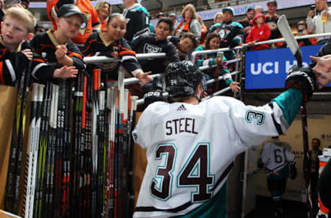 ANAHEIM, CA – OCTOBER 8: Sam Steel #34 of the Anaheim Ducks exits the ice prior to the game against the Detroit Red Wings on October 8, 2018, at Honda Center in Anaheim, California. (Photo by Debora Robinson/NHLI via Getty Images)