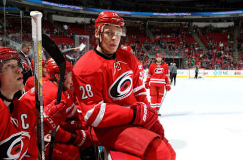 RALEIGH, NC – MARCH 06: Alexander Semin #28 of the Carolina Hurricanes prepares to take the ice during their NHL game against the Minnesota Wild at PNC Arena on March 6, 2015 in Raleigh, North Carolina. (Photo by Gregg Forwerck/NHLI via Getty Images)