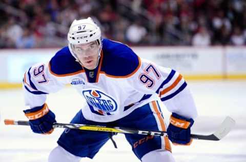 Mar 22, 2016; Glendale, AZ, USA; Edmonton Oilers center Connor McDavid (97) looks on during the third period against the Arizona Coyotes at Gila River Arena. Mandatory Credit: Matt Kartozian-USA TODAY Sports