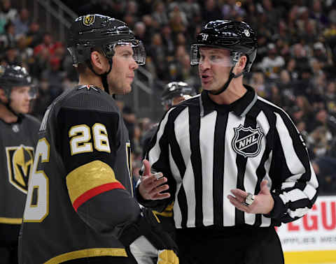 Paul Stastny #26 of the Vegas Golden Knights talks with linesman Mark Shewchyk in the first period of the Golden Knights’ game against the Los Angeles Kings at T-Mobile Arena on March 1, 2020. (Photo by Ethan Miller/Getty Images)