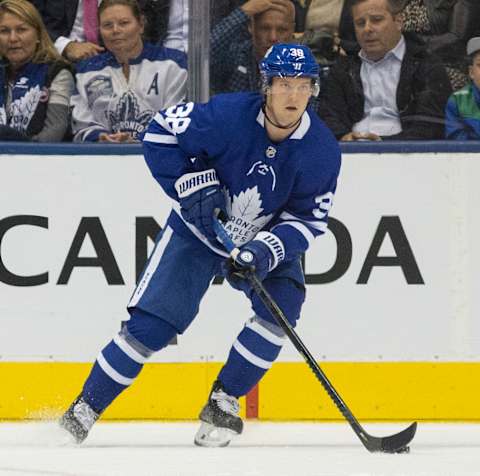 TORONTO, ON – OCTOBER 2: Leafs Rasmus Sandin looks to move the puck out of the Leaf end. Toronto Maple Leafs vs Ottawa Senators during 1st period play of NHL regular season action at Scotiabank Arena in Toronto. Toronto Star/Rick Madonik (Rick Madonik/Toronto Star via Getty Images)