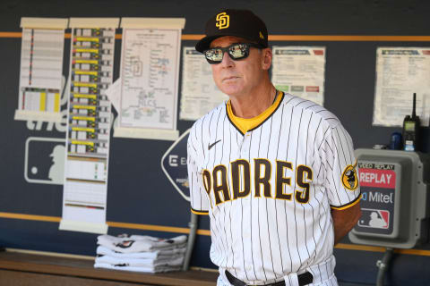 Oct 19, 2022; San Diego, California, USA; San Diego Padres manager Bob Melvin (3) before the game against the Philadelphia Phillies during game two of the NLCS for the 2022 MLB Playoffs at Petco Park. Mandatory Credit: Orlando Ramirez-USA TODAY Sports