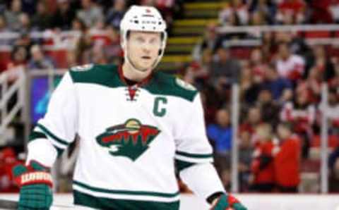 Apr 1, 2016; Detroit, MI, USA; Minnesota Wild center Mikko Koivu (9) looks on during the first period against the Detroit Red Wings at Joe Louis Arena. Red Wings win 3-2. Mandatory Credit: Raj Mehta-USA TODAY Sports