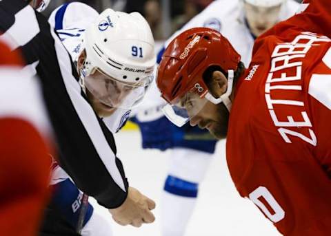 Captain Zetterberg faces off against the future king of Toronto. Mandatory Credit: Rick Osentoski-USA TODAY Sports