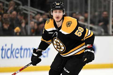 Mar 9, 2023; Boston, Massachusetts, USA; Boston Bruins left wing Tyler Bertuzzi (59) skates against the Edmonton Oilers during the third period at the TD Garden. Mandatory Credit: Brian Fluharty-USA TODAY Sports