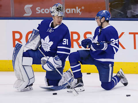 Apr 4, 2017; Toronto, Ontario, CAN; Toronto Maple Leafs goaltender Frederik Andersen (31) and Toronto Maple Leafs forward Auston Matthews (34) talk during the warm up against the Washington Capitals at Air Canada Centre. Mandatory Credit: John E. Sokolowski-USA TODAY Sports