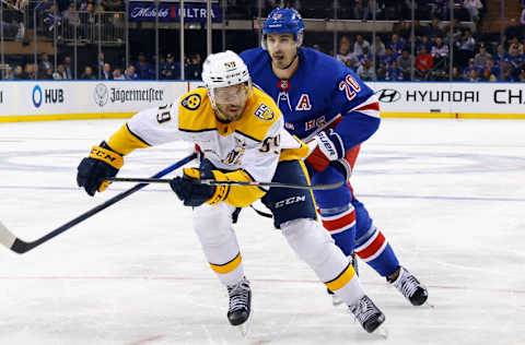 Roman Josi #59 of the Nashville Predators skates against the New York Rangers at Madison Square Garden on October 19, 2023 in New York City. (Photo by Bruce Bennett/Getty Images)