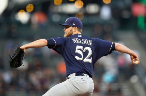 SAN FRANCISCO, CA – AUGUST 22: Jimmy Nelson #52 of the Milwaukee Brewers pitches against the San Francisco Giants in the first inning at AT&T Park on August 22, 2017 in San Francisco, California. (Photo by Ezra Shaw/Getty Images)