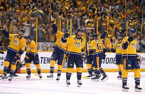 May 9, 2016; Nashville, TN, USA; Nashville Predators left wing James Neal (18) celebrates with teammates after defeating the San Jose Sharks during the overtime period in game six of the second round of the 2016 Stanley Cup Playoffs at Bridgestone Arena. The Predators won 4-3. Mandatory Credit: Aaron Doster-USA TODAY Sports