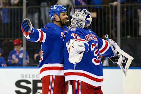 Apr 9, 2022; New York, New York, USA; New York Rangers goaltender Igor Shesterkin (31) and New York Rangers right wing Ryan Reaves (75) chest bump after the game against Ottawa Senators at Madison Square Garden. Mandatory Credit: Tom Horak-USA TODAY Sports