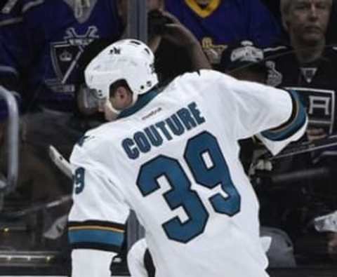 Apr 16, 2016; Los Angeles, CA, USA; San Jose Sharks center Logan Couture (39) celebrates after scoring a goal against the Los Angeles Kings during the second period in game two of the first round of the 2016 Stanley Cup Playoffs at Staples Center. Mandatory Credit: Kelvin Kuo-USA TODAY Sports