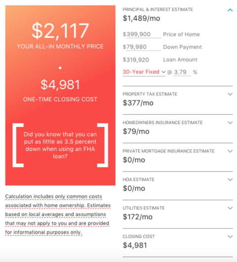 Estimated monthly cost per month for a home for sale in Nashville, broken down by mortgage payments, HOA fees, and other costs.