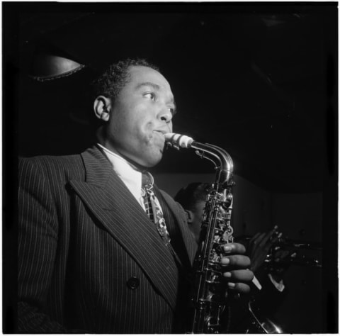 Charlie Parker playing the saxophone at the Three Deuces jazz club in New York in 1947.