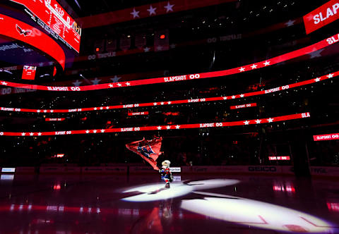 WASHINGTON, DC – NOVEMBER 09: The Washington Capitals mascot Slapshot takes the ice for the game against the Vegas Golden Knights on November 9, 2019, at the Capital One Arena in Washington, D.C. (Photo by Mark Goldman/Icon Sportswire via Getty Images)