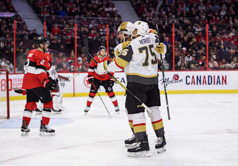 OTTAWA, ON – JANUARY 16: Vegas Golden Knights Right Wing Ryan Reaves (75) celebrates a third period goal against the Ottawa Senators during the NHL game on January 16, 2020 at the Canadian Tire Centre in Ottawa, Ontario, Canada. (Photo by Steven Kingsman/Icon Sportswire via Getty Images)