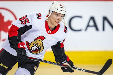 Mar 21, 2019; Calgary, Alberta, CAN; Ottawa Senators right wing Vitaly Abramov (85) skates during the warmup period against the Calgary Flames at Scotiabank Saddledome. Mandatory Credit: Sergei Belski-USA TODAY Sports