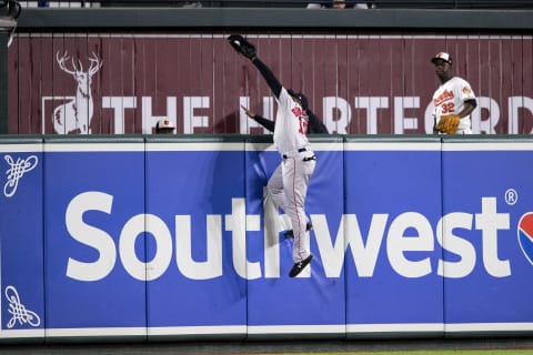 BALTIMORE, MD – MAY 8: Jackie Bradley Jr. #19 of the Boston Red Sox makes a leaping catch during the eleventh inning of a game against the Baltimore Orioles on May 8, 2019 at Oriole Park at Camden Yards in Baltimore, Maryland. (Photo by Billie Weiss/Boston Red Sox/Getty Images)