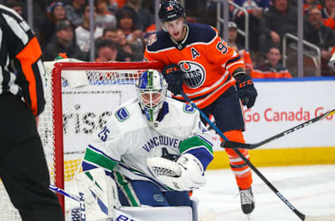 EDMONTON, AB – DECEMBER 27: Vancouver Canucks Goalie Jacob Markstrom (25) makes his 29th save in the third period during the Edmonton Oilers game versus the Vancouver Canucks on December 27, 2018 at Rogers Place in Edmonton, AB. (Photo by Curtis Comeau/Icon Sportswire via Getty Images)