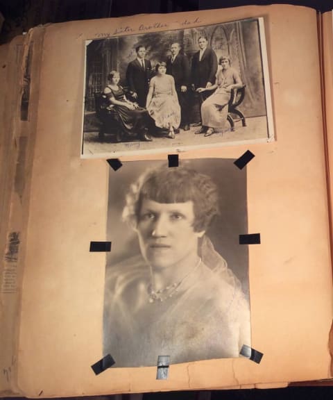 Top: A photo featuring Agnes Schwarzenbacher with her father and siblings: Mary, John, Rose, and Carl. Below: A portrait of Agnes dated 1926.