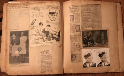 Spread of newspaper clippings, including articles about Agnes and a Believe It Or Not cartoon starring her friends Lillie and Harry McGregor, who could pull each other in a wagon with their eyelids.