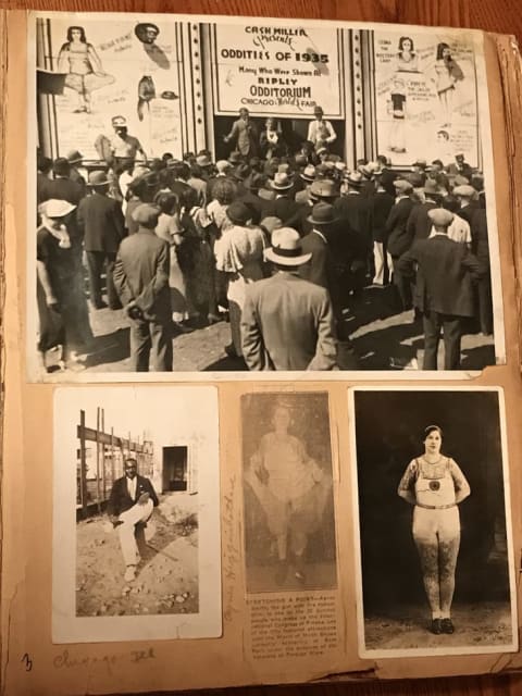 Top: Crowd gathered at an oddity show capitalizing off Ripley’s success at the World’s Fair. Bottom: Agnes is featured in a newspaper clipping, between two photos of unknown performers.