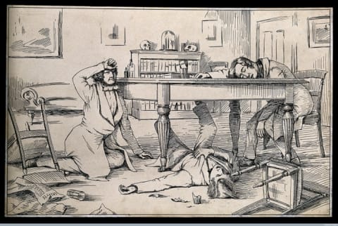 A drawing said to depict the effects of liquid chloroform on James Y. Simpson and his friends.