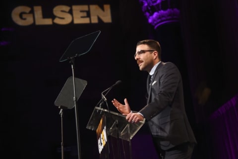 Zachary Quinto speaks onstage during the 2017 GLSEN Respect Awards.