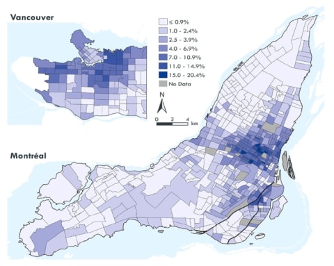 The percentage of commuters in each neighborhood who get to work by bicycle, with darker colors indicating a greater share.