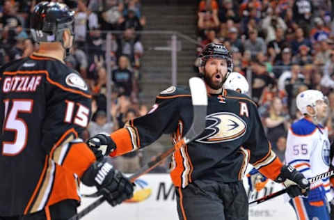 Nov 15, 2016; Anaheim, CA, USA; Anaheim Ducks center Ryan Kesler (17) celebrates with center Ryan Getzlaf (15) after scoring a goal against the Edmonton Oilers during the second period at Honda Center. Mandatory Credit: Jake Roth-USA TODAY Sports