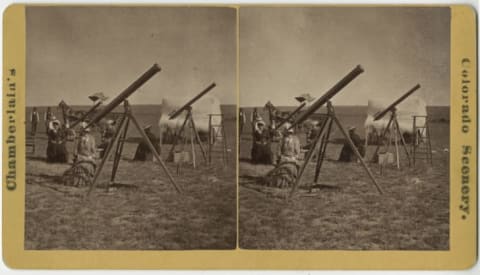 Stereograph card of the Vassar College eclipse party in Denver.