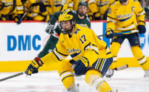 DETROIT, MI – FEBRUARY 17: Johnny Beecher #17 of the Michigan Wolverines follows the play against the Michigan State Spartans during the first period of the annual NCAA hockey game, Duel in the D at Little Caesars Arena on February 17, 2020 in Detroit, Michigan. (Photo by Dave Reginek/Getty Images)