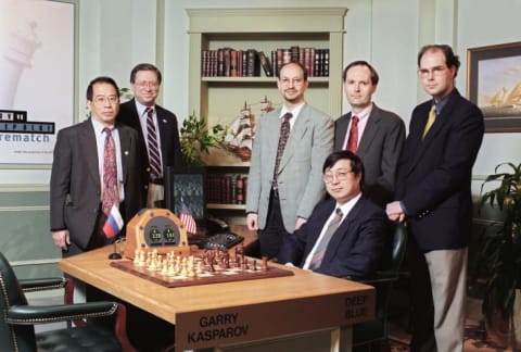 The IBM Deep Blue chess computer team poses in May, 1997. From left: Chung-Jen Tan (team manager), Gerry Brody, Joel Benjamin, Murray Campbell, Joseph Hoane and Feng-hsiung Hsu (seated).