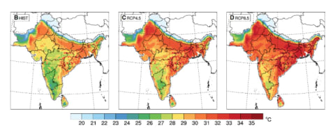 Historic and projected temperatures from 1975 (L) to 2100 (R).