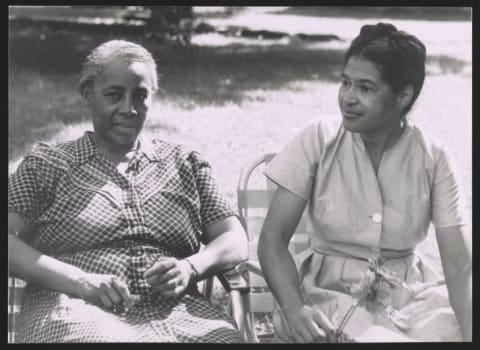 Septima Clark (left) sits with Rosa Parks in 1955