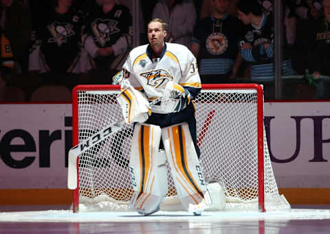 Mar 31, 2016; Pittsburgh, PA, USA; Nashville Predators goalie Pekka Rinne (35) stands for the national anthem before the first period against the Pittsburgh Penguins at the CONSOL Energy Center. Mandatory Credit: Charles LeClaire-USA TODAY Sports