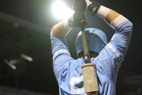 DURHAM, NC – MAY 23: North Carolina infielder Ashton McGee (5) warming up during the ACC Baseball Championship game between the North Carolina Tar Heels and Pittsburgh Panthers and the on May 23, 2018, at Durham Bulls Stadium in Durham, North Carolina (Photo by Jaylynn Nash/Icon Sportswire via Getty Images)