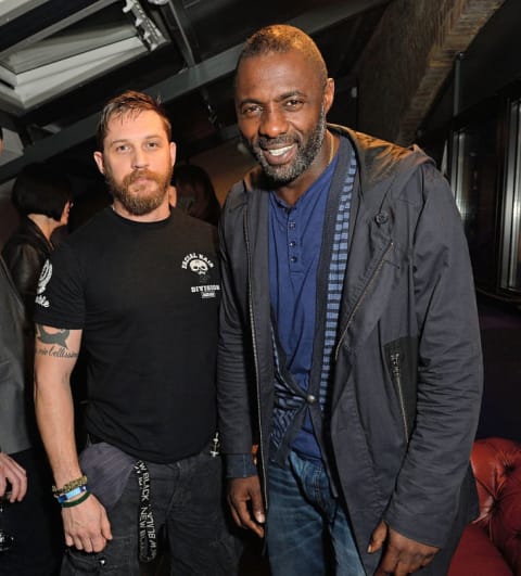 Tom Hardy and Idris Elba attend London's Global Triumph Bonneville launch in 2015.