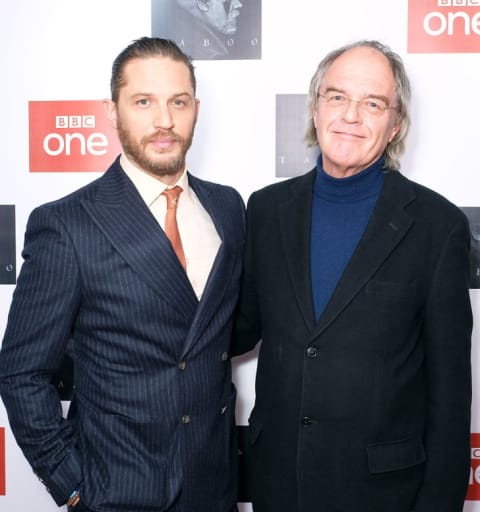 Tom Hardy and his father, Edward, attend the London premiere of Taboo in 2016.