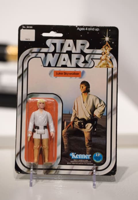 Luke Skywalker action figure still in the Kenner packaging from the 1970s.