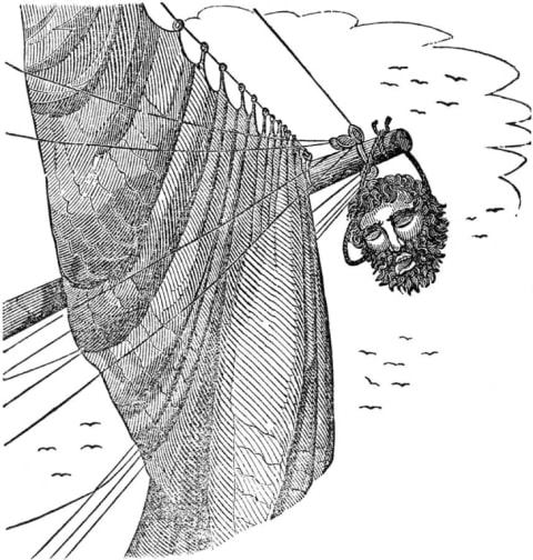 A drawing of the pirate Blackbeard's head hanging from a bowsprit.